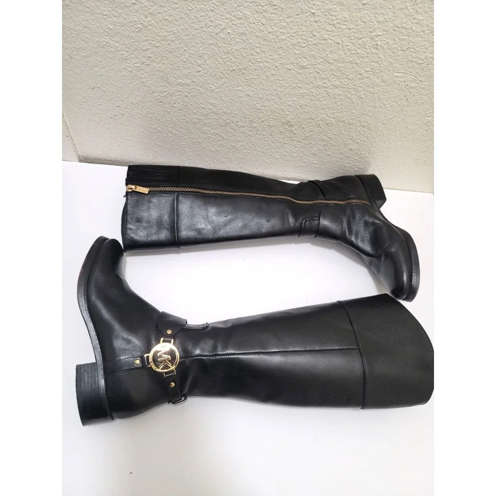 Michael Kors Womens Black Leather Knee-High Riding Boots With Gold MK Logo & Sid